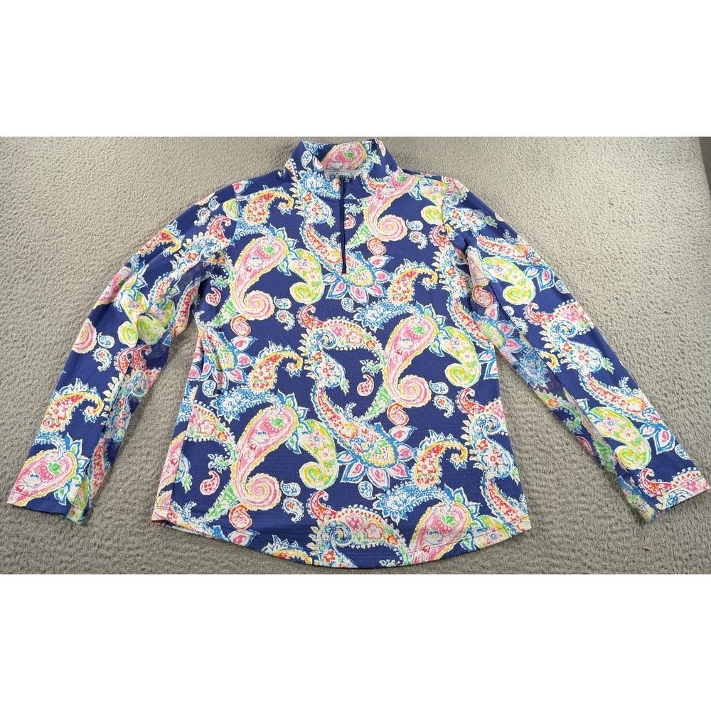 Ibkul Sharon Women Medium Paisley Print Long Sleeve Zip Mock Neck Top UPF 50